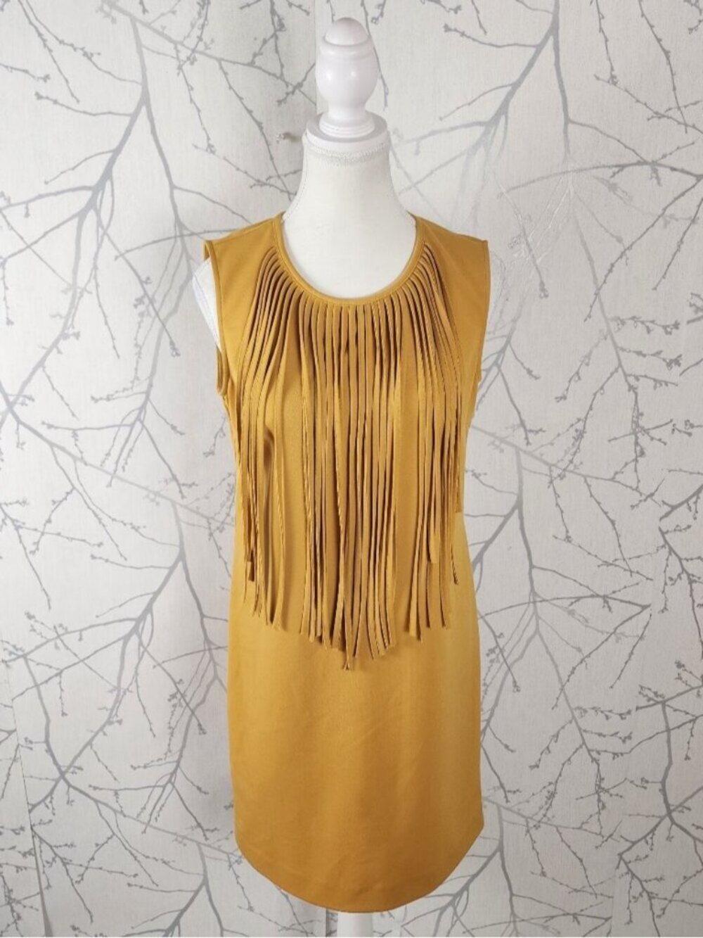 Minkas Yellow Stretch Knit Round Neck Fringe Dress
